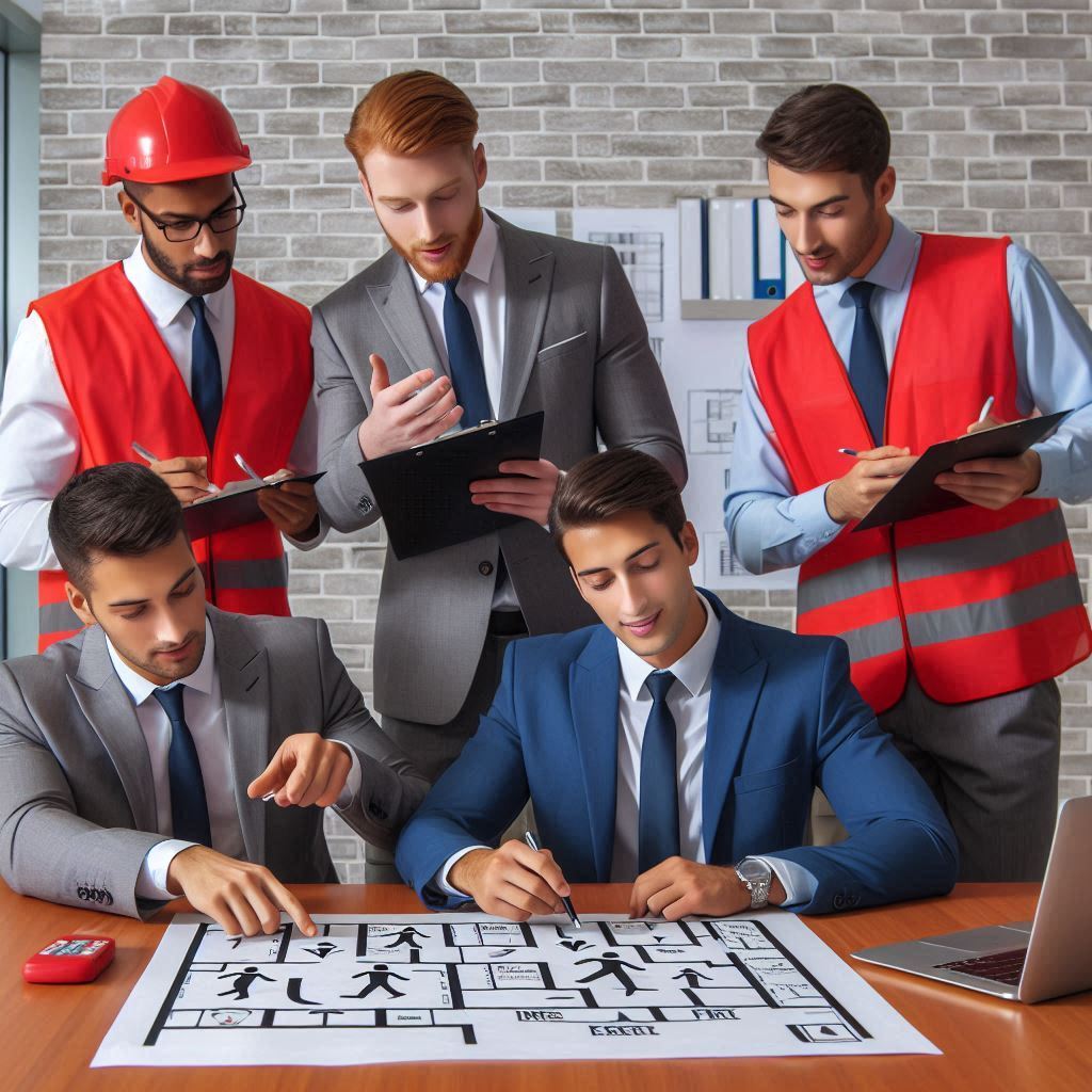 A team of Redline Fire Watch specialists standing behind their leader, who is seated at a table, discussing a fire watch plan of action for a project.