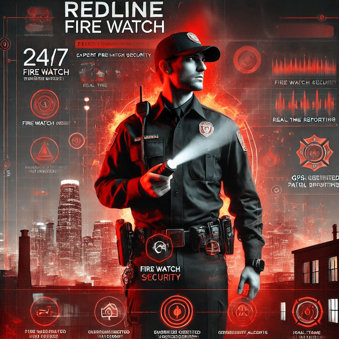 A professional firewatch security guard in a fire-resistant uniform with a REDLINE logo stands in the foreground, holding a flashlight and a digital inspection device. Behind him, a cityscape at night is illuminated with subtle smoke and fire elements. A semi-transparent digital dashboard overlays the scene, displaying GPS-tracked patrol logs, emergency alerts, and compliance checklists. Bold text reads "PROTECT YOUR PROPERTY," with additional messaging about REDLINE Fire Watch’s expert services.